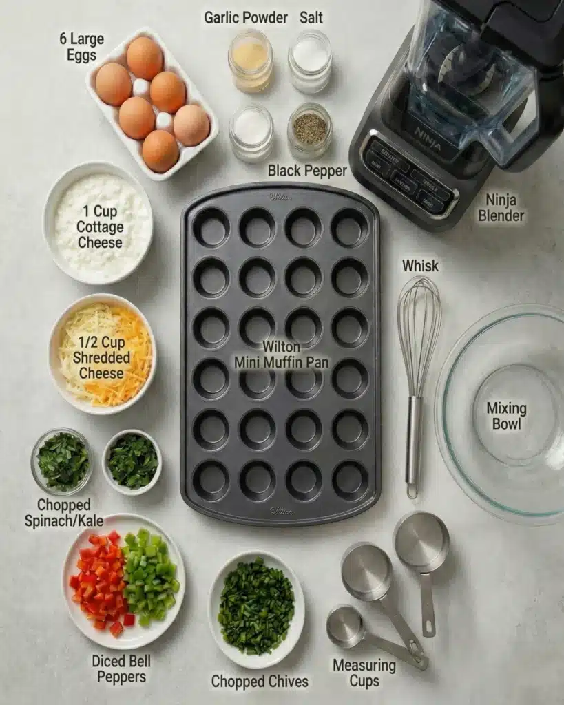 Ingredients for cottage cheese egg bites displayed on a kitchen counter