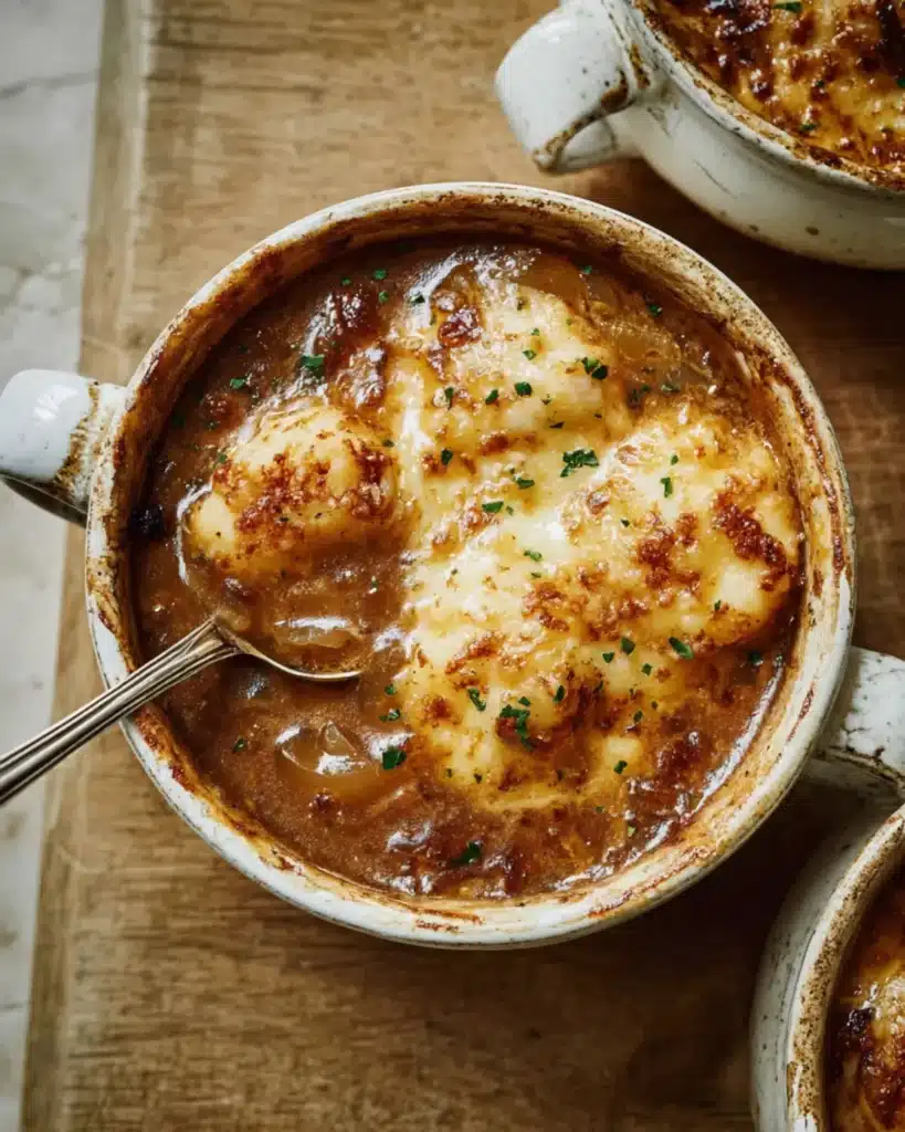 Close-up of French onion and gnocchi soup topped with melted cheese and sprinkled with parsley.