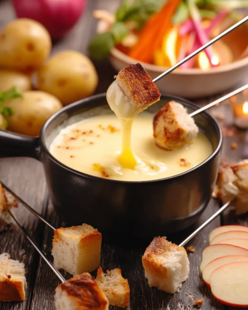 Golden melted cheese fondue in a black pot with toasted bread cubes and vegetables on a rustic wooden table