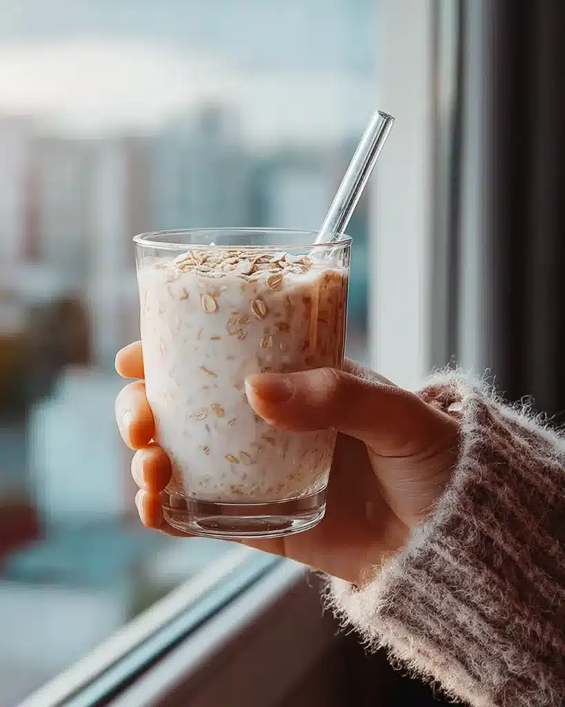 Hand holding a creamy oat drink by the window in soft daylight.