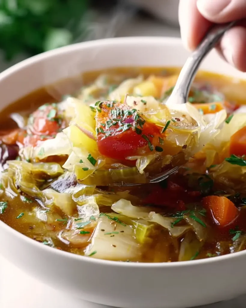 Hand lifting a spoonful of hot vegetable soup with chunks of cabbage, tomato, and carrots in a rich broth.