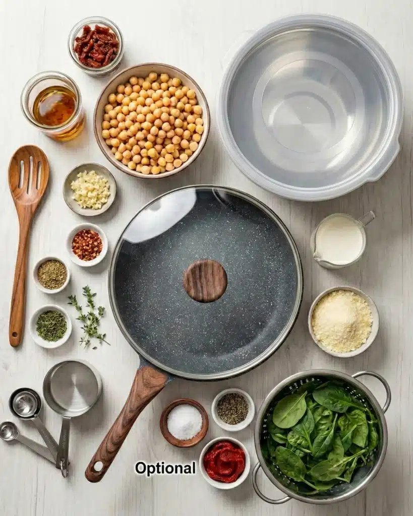 Ingredients for creamy chickpea dinner including spinach, garlic, cream, and spices arranged neatly on a kitchen counter
