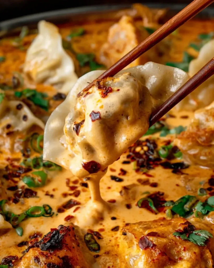 Chopsticks holding a dumpling coated in creamy curry sauce with visible chili flakes and herbs.