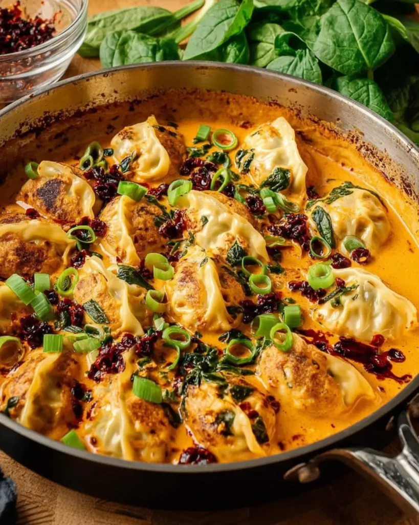Golden dumplings baked in creamy red curry sauce with green onions and chili oil in a skillet, ready for serving.