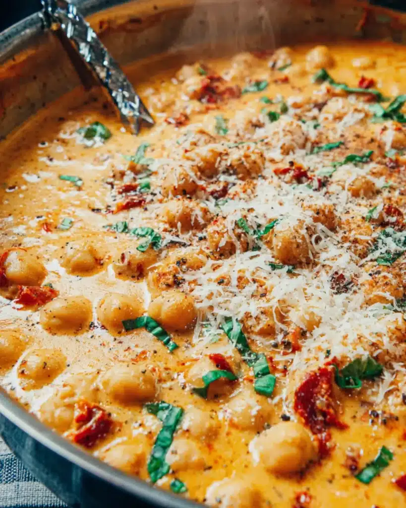 Close-up of creamy chickpeas with basil, garlic, and parmesan in sauce