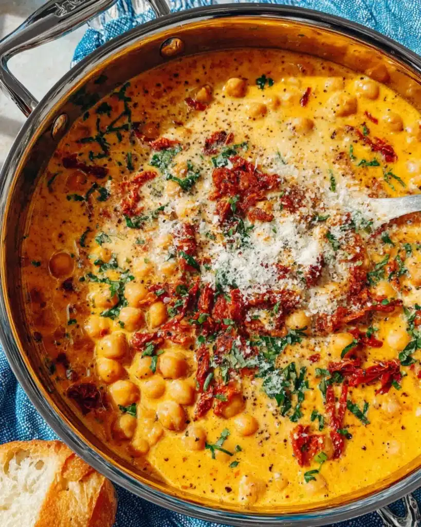 Tuscan-style chickpeas with parmesan and sun-dried tomatoes in a pan