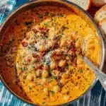 Creamy chickpea dinner in a skillet topped with parmesan and herbs on a blue cloth background
