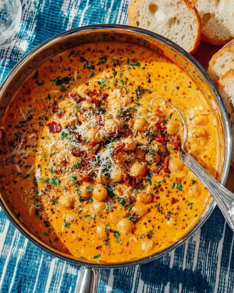 Creamy chickpea dinner in a skillet topped with parmesan and herbs on a blue cloth background