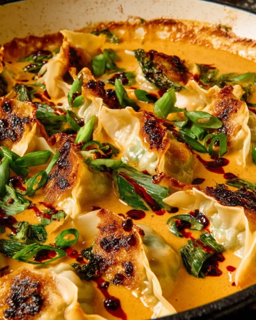 Close-up of crispy dumplings baked in creamy curry sauce with chili oil drizzle and fresh scallions.