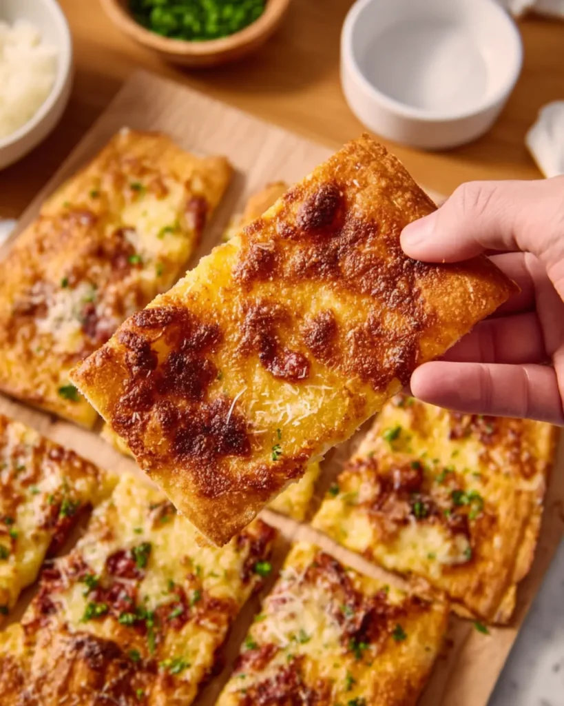 Hand holding a crispy golden pizza slice with melted cheese and parsley garnish