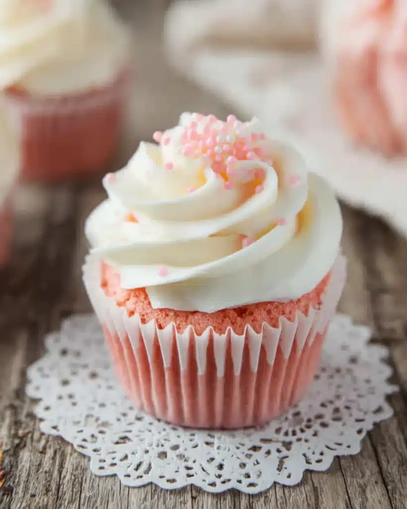 Pink velvet cupcake with white cream cheese frosting and pink sugar pearls on a lace doily