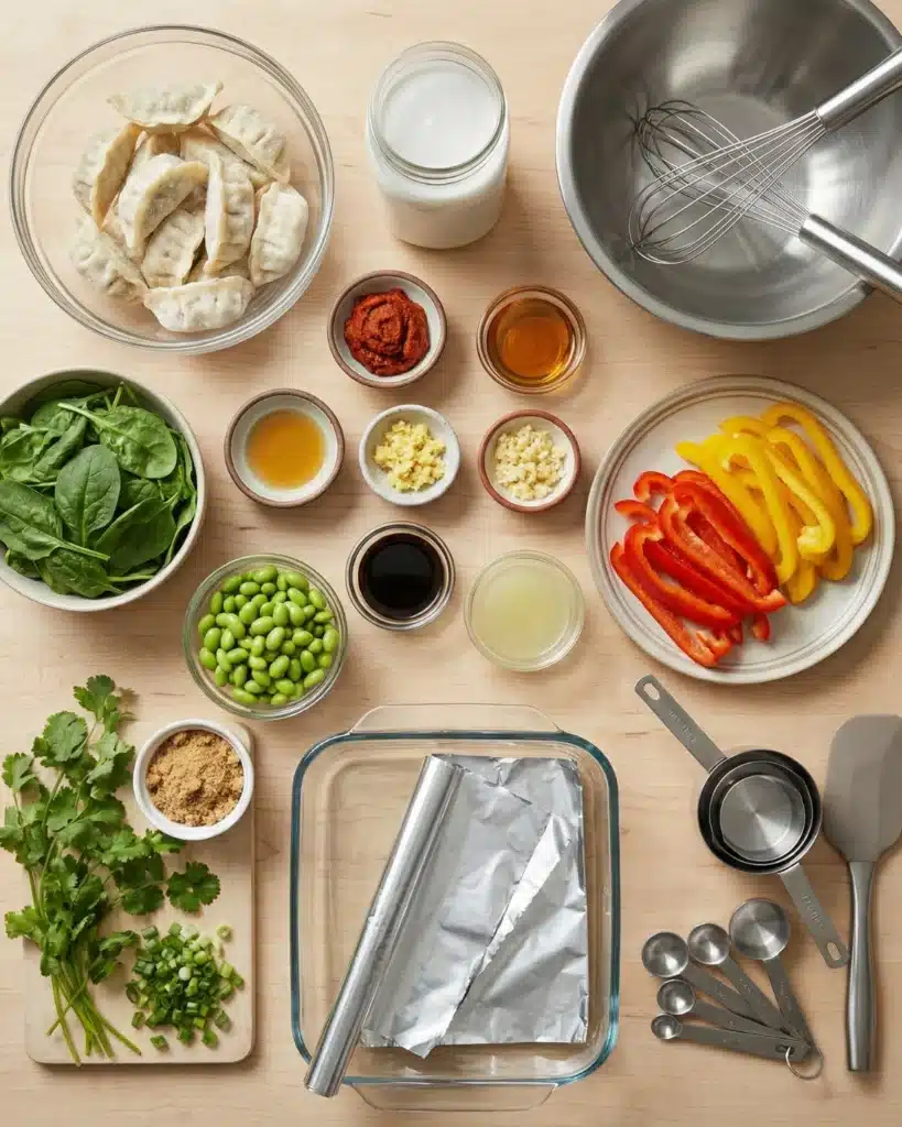 Ingredients for creamy dumpling bake including frozen dumplings, coconut milk, curry paste, spinach, edamame, peppers, and kitchen utensils on a wooden table.