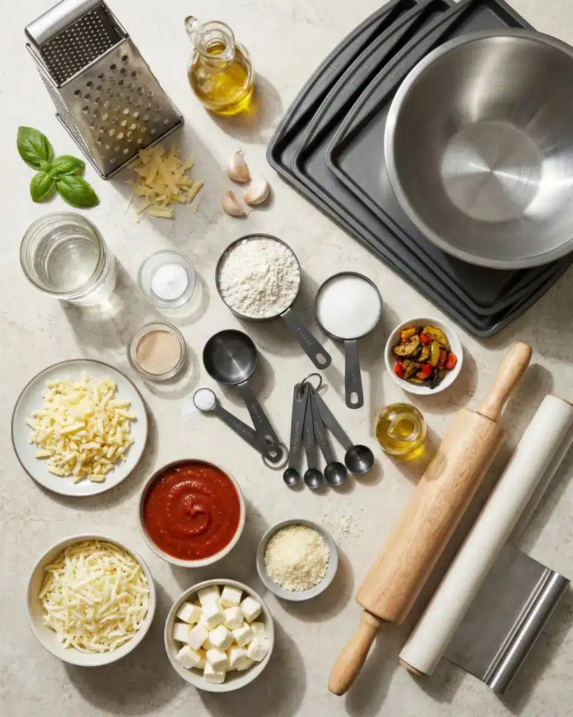 Flat lay of pizza ingredients and baking tools for making flaky puff crust pizza at home
