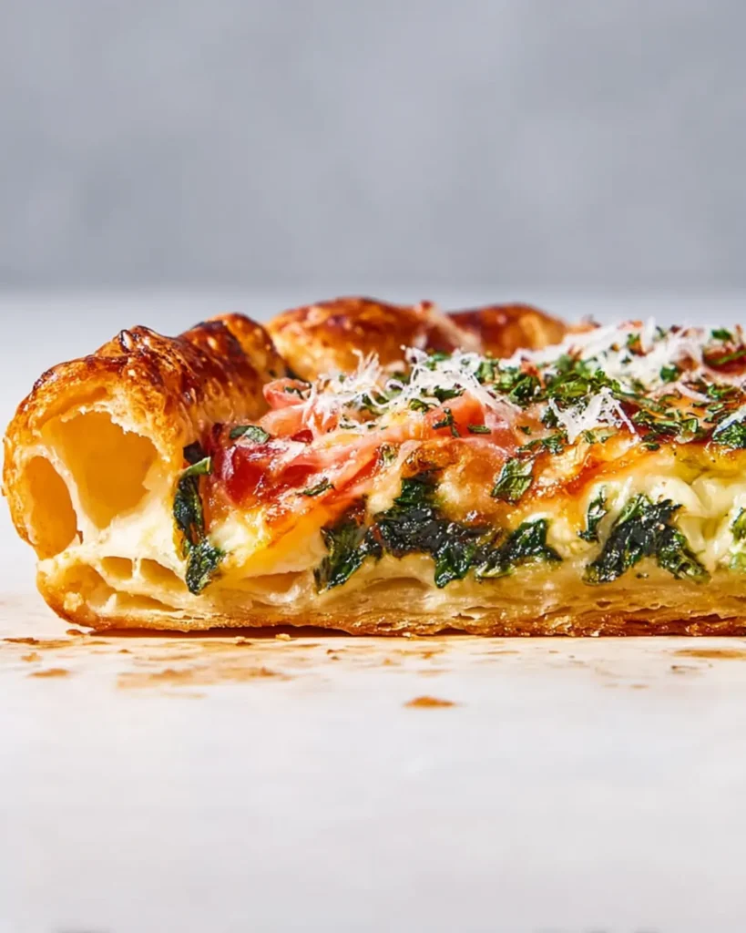 Close-up of a flaky puff crust pizza slice showing airy layers, melted cheese, spinach, and herbs on a golden crust