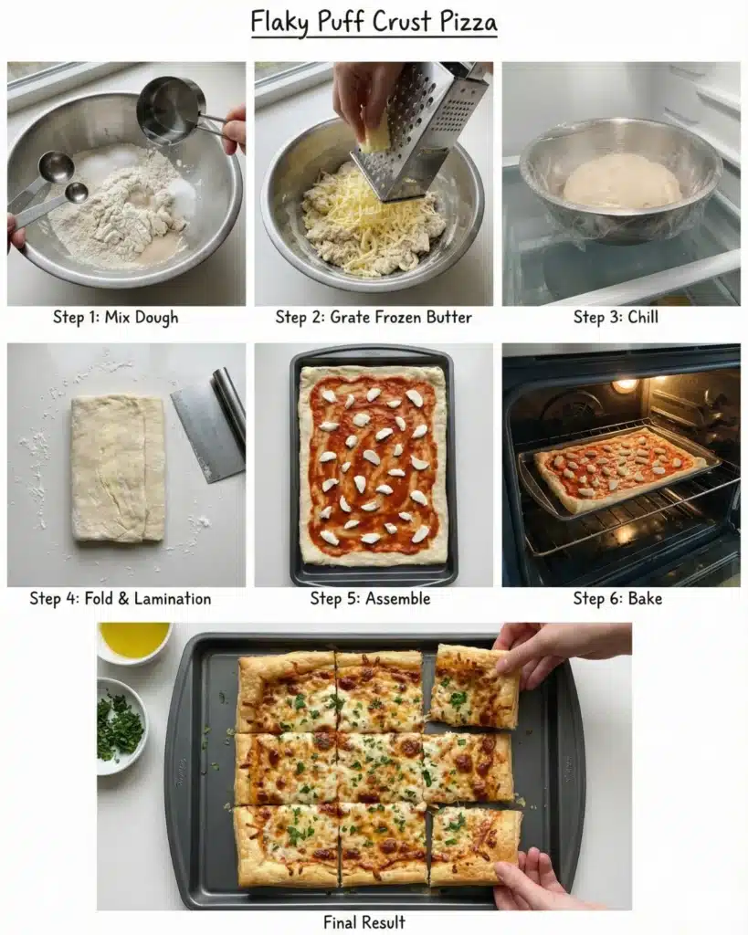 Step-by-step guide showing how to make flaky puff crust pizza from mixing dough to baking the final result