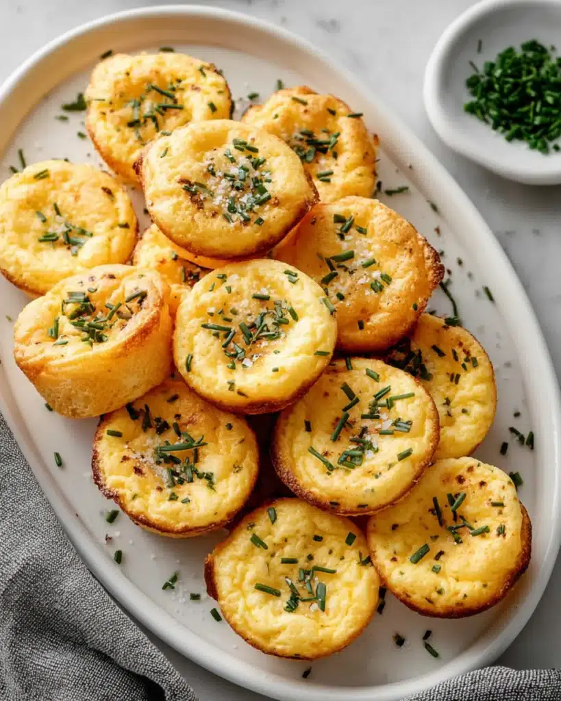 Freshly baked cottage cheese egg bites topped with chives served on a white plate