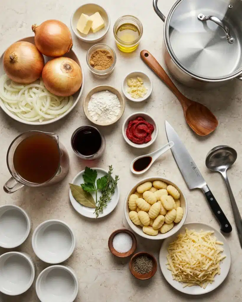 Ingredients for homemade French Onion Gnocchi Soup arranged on a kitchen counter.