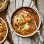 Warm bowl of homemade French Onion Gnocchi Soup topped with golden melted cheese and caramelized onions on a rustic napkin.