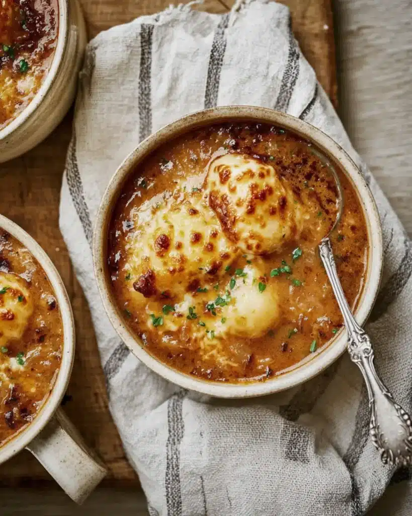 Warm bowl of homemade French Onion Gnocchi Soup topped with golden melted cheese and caramelized onions on a rustic napkin.