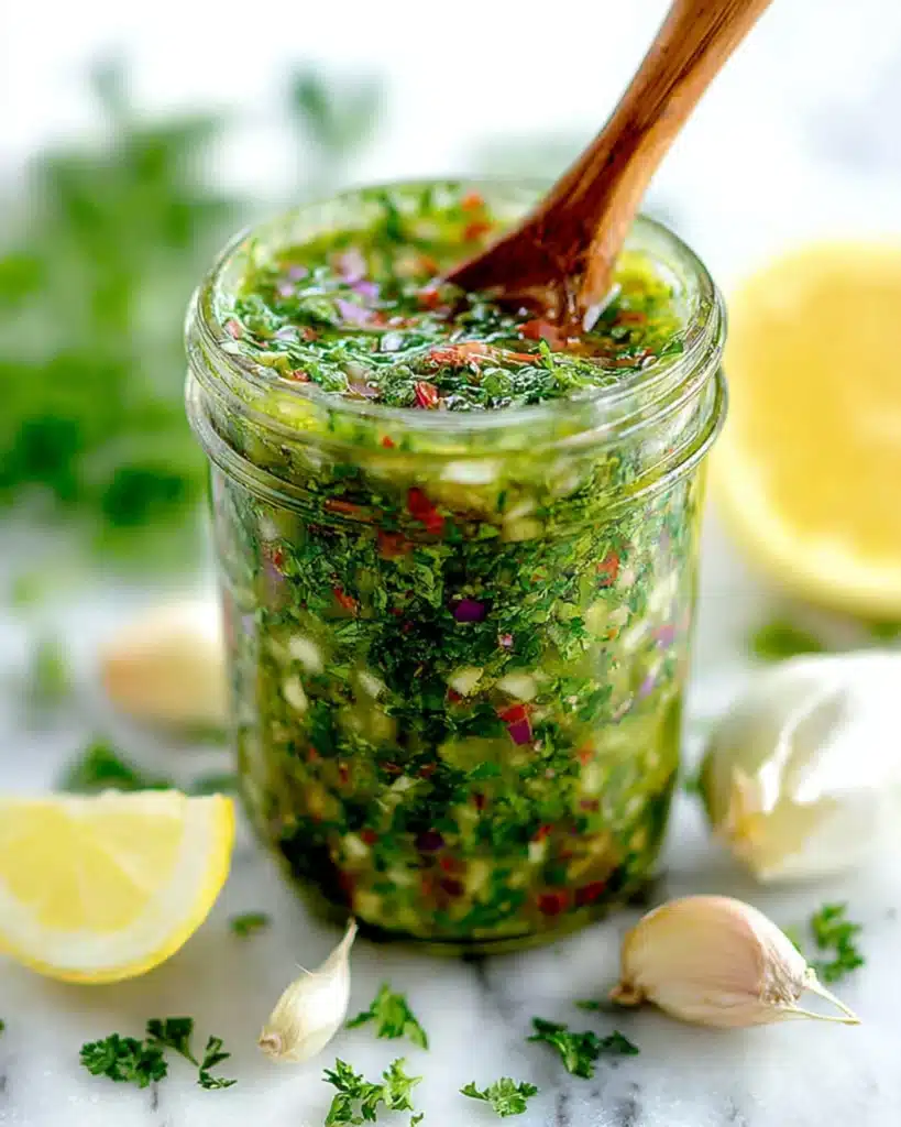 Homemade chimichurri sauce stored in a glass jar with a wooden spoon and lemon halves in the background.
