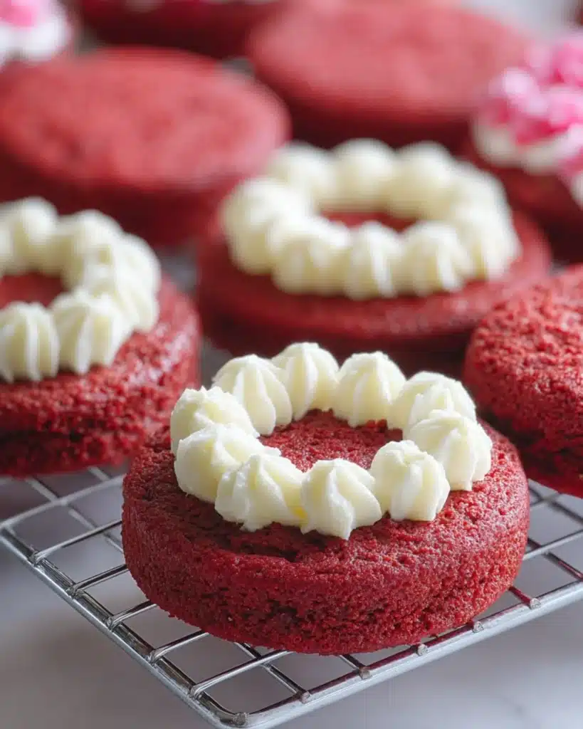 Red velvet cake layers with piped cream cheese frosting circles cooling on a wire rack in a bright kitchen.