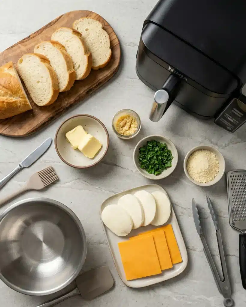 Fresh ingredients for garlic bread grilled cheese arranged with an air fryer, butter, herbs, and cheese on a marble countertop.