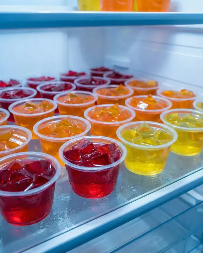 Colorful gelatin cups stored on a refrigerator shelf