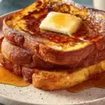 Stack of golden-brown brioche French toast topped with melting butter and drizzled maple syrup on a ceramic plate.