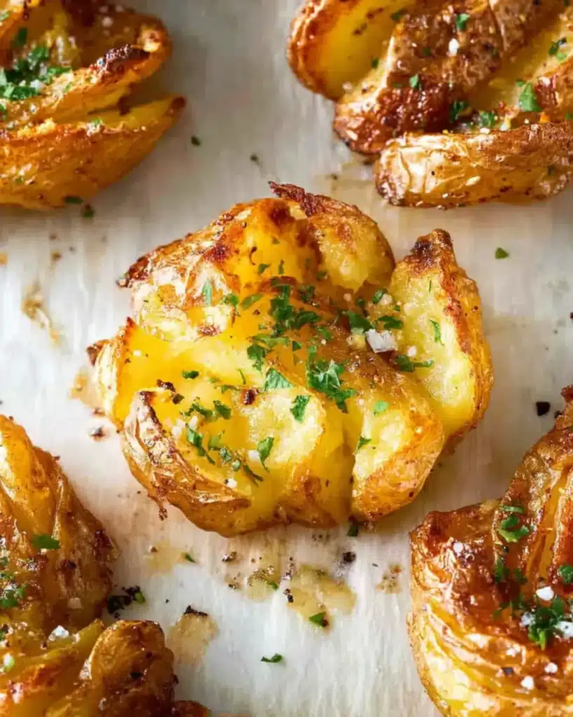 Golden crispy smashed potatoes sprinkled with parsley and sea salt on parchment paper, showing their crunchy texture and buttery glow.
