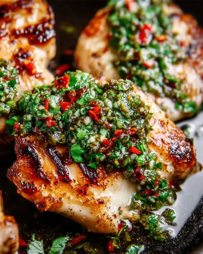 Grilled chicken topped with a spoonful of freshly made chimichurri sauce containing parsley, garlic, and red peppers.