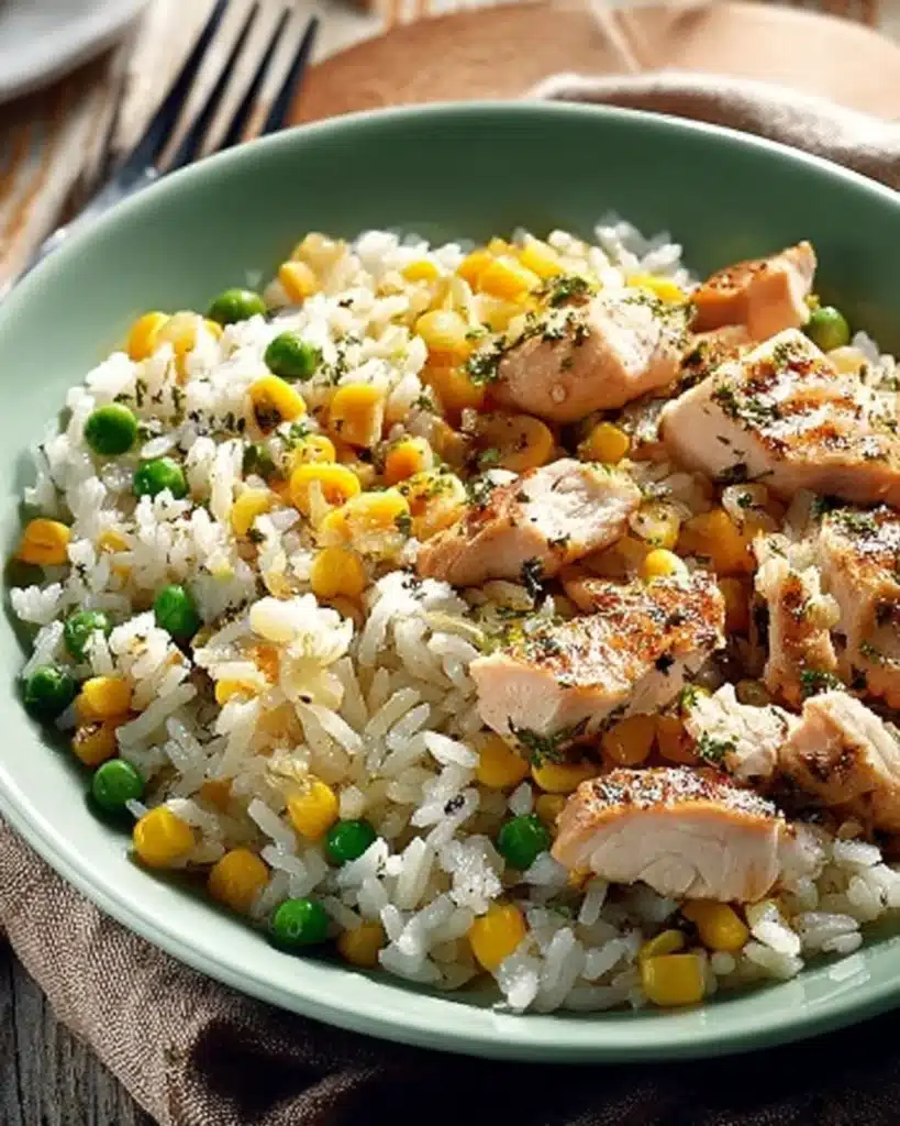 Tender grilled chicken served with rice, peas, and corn in a soft green bowl on a rustic wooden table.