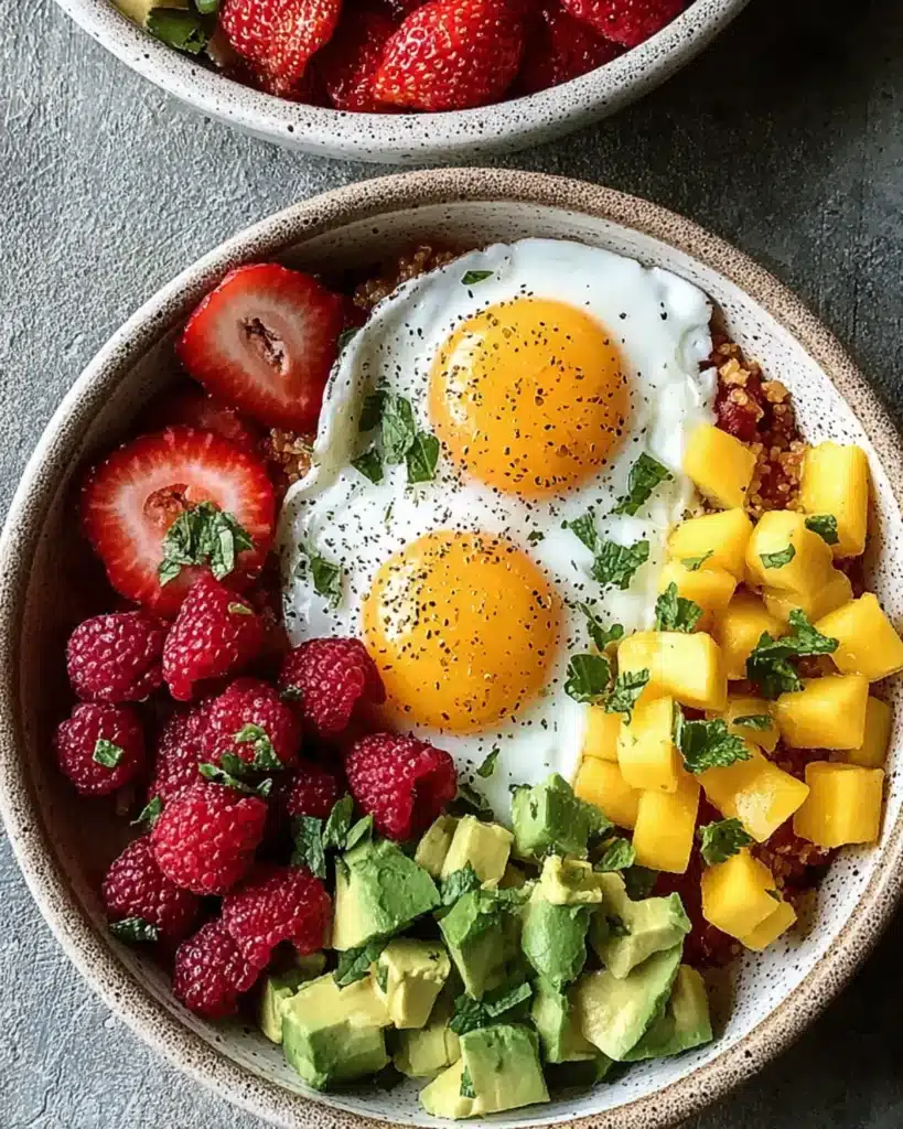Colorful breakfast bowl with sunny side up eggs, diced mango, avocado cubes, strawberries, and raspberries topped with fresh herbs.
