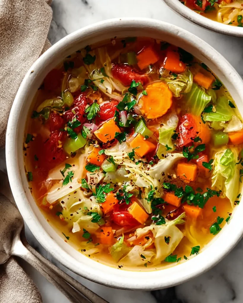 A vibrant bowl of homemade cabbage soup filled with colorful vegetables like carrots, celery, and tomatoes, garnished with parsley.