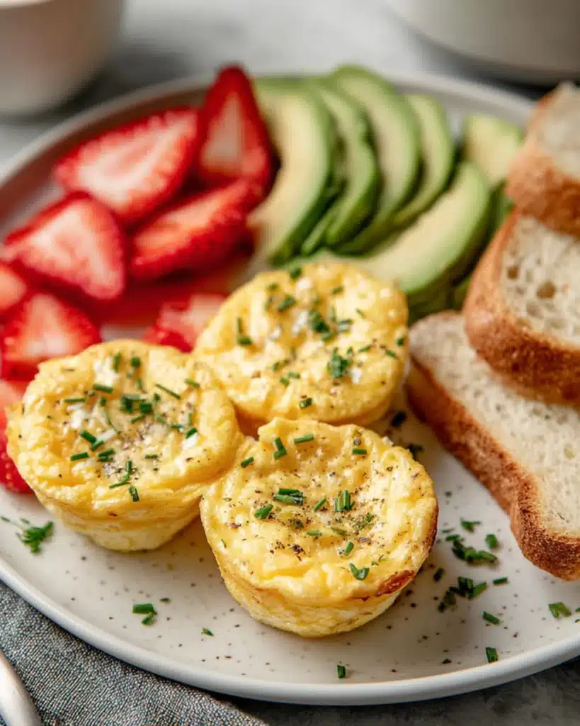 Breakfast plate with egg bites, avocado slices, strawberries, and toast