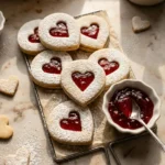 Heart-shaped cookies with jam centers on a cooling rack beside a bowl of jam, softly lit by sunlight.
