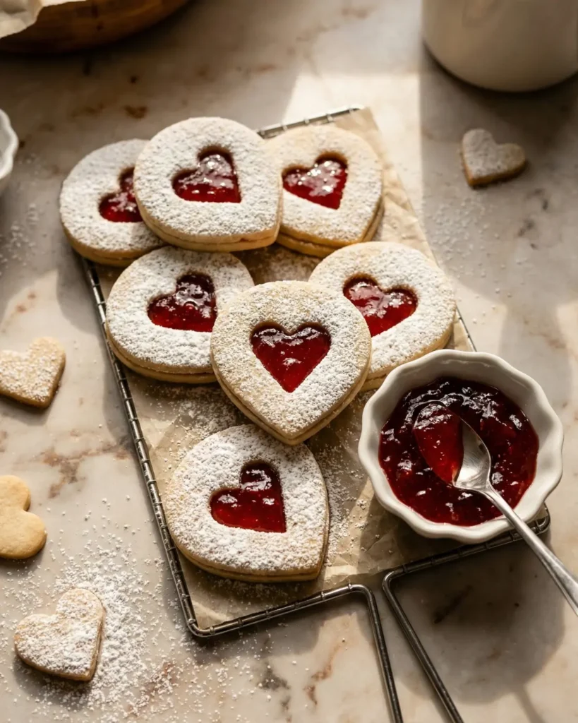 Heart-shaped cookies with jam centers on a cooling rack beside a bowl of jam, softly lit by sunlight.