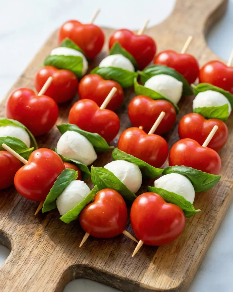Heart shaped tomato, mozzarella, and basil skewers arranged on a wooden serving board for Valentine&rsquo;s Day appetizers.
