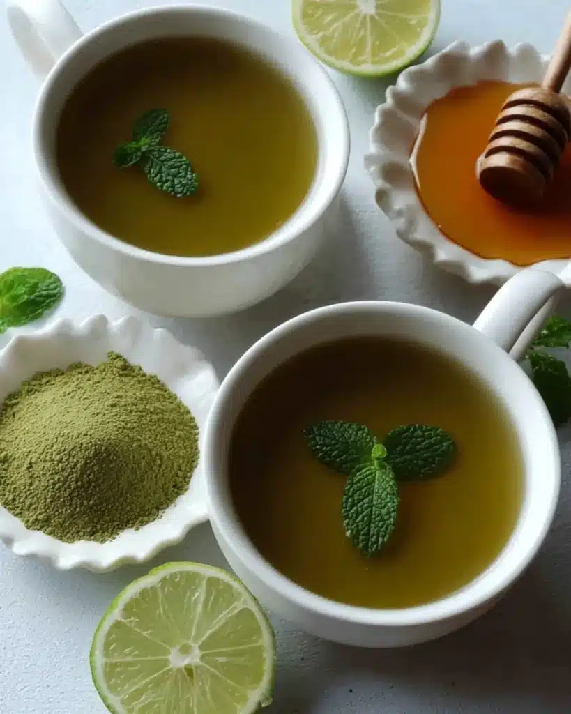 Two cups of green herbal tea with honey and lime