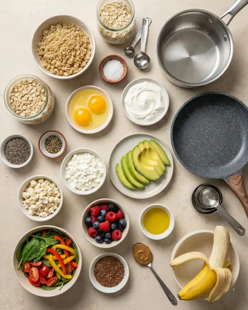 Assorted fresh ingredients for a high protein breakfast bowl including eggs, oats, avocado, yogurt, banana, berries, and grains.