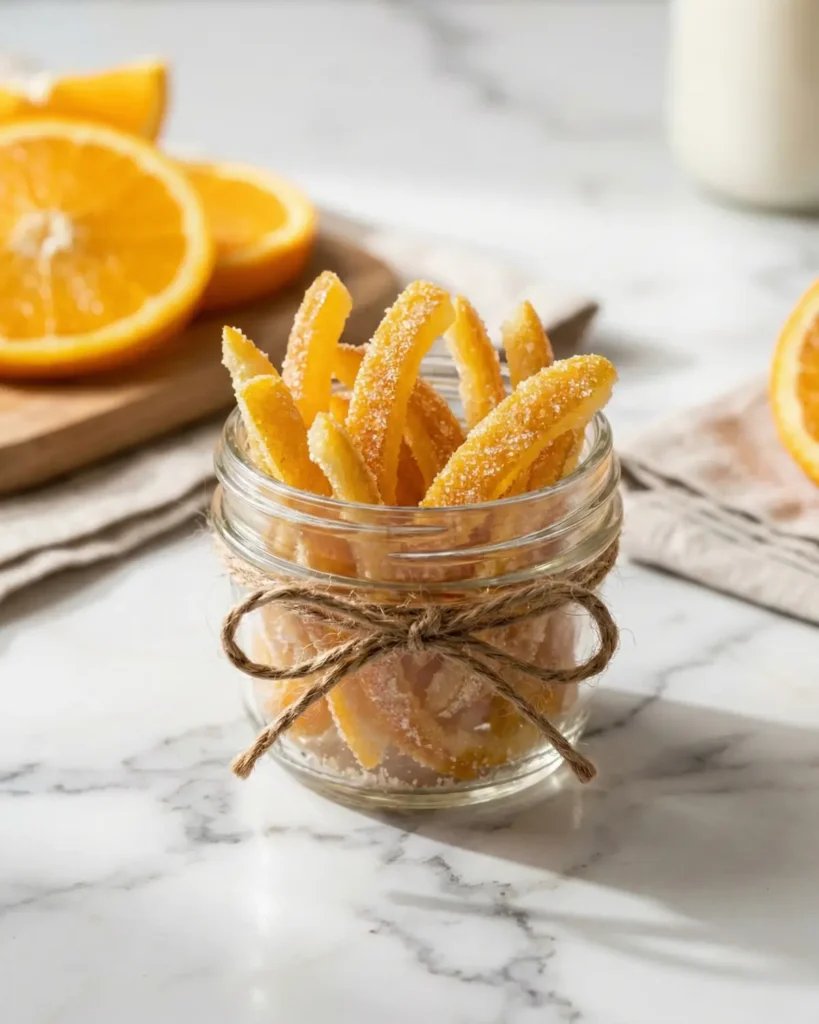 Glass jar filled with sugared orange peel strips tied with rustic twine on a marble countertop
