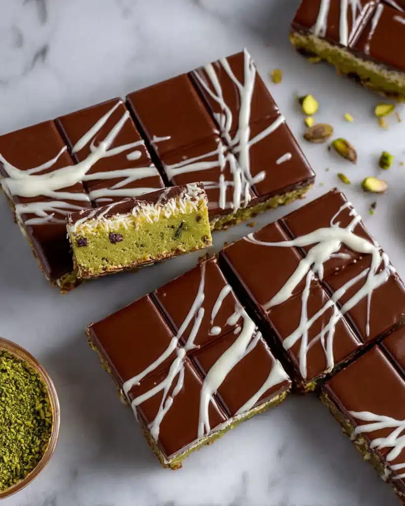 Sliced chocolate bars revealing pistachio filling and white chocolate drizzle on top.