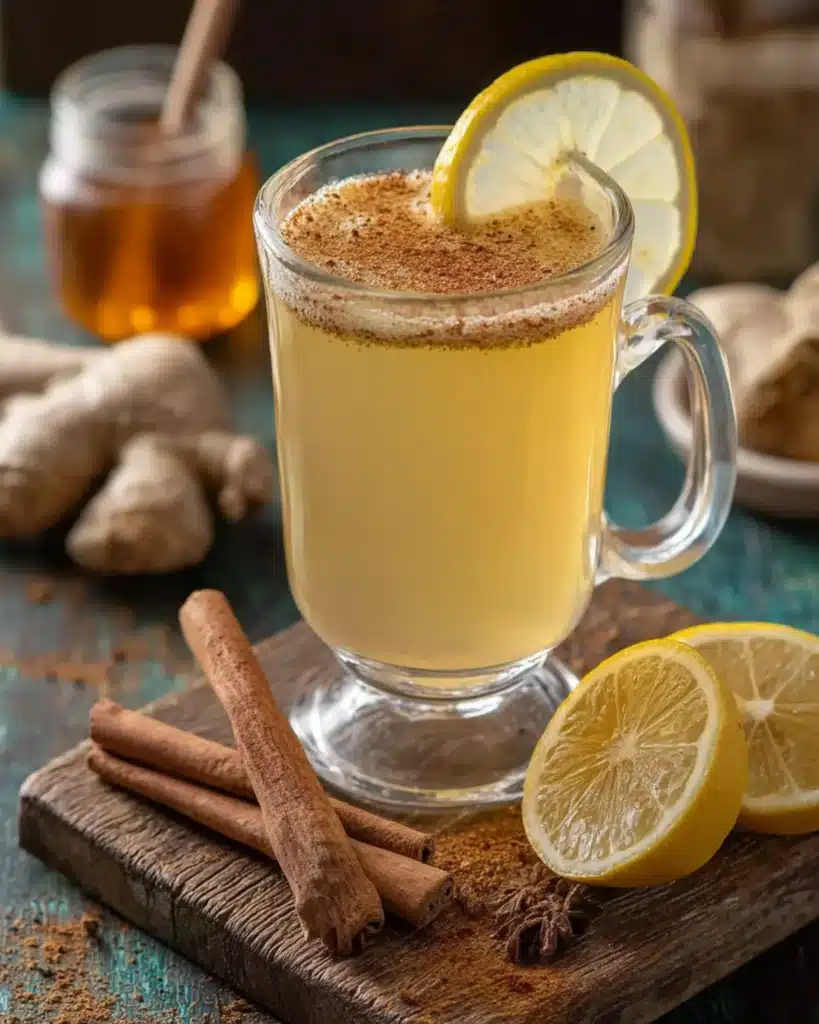 Glass mug filled with honey lemon cinnamon drink, lemon slices, and cinnamon sticks on a rustic cutting board