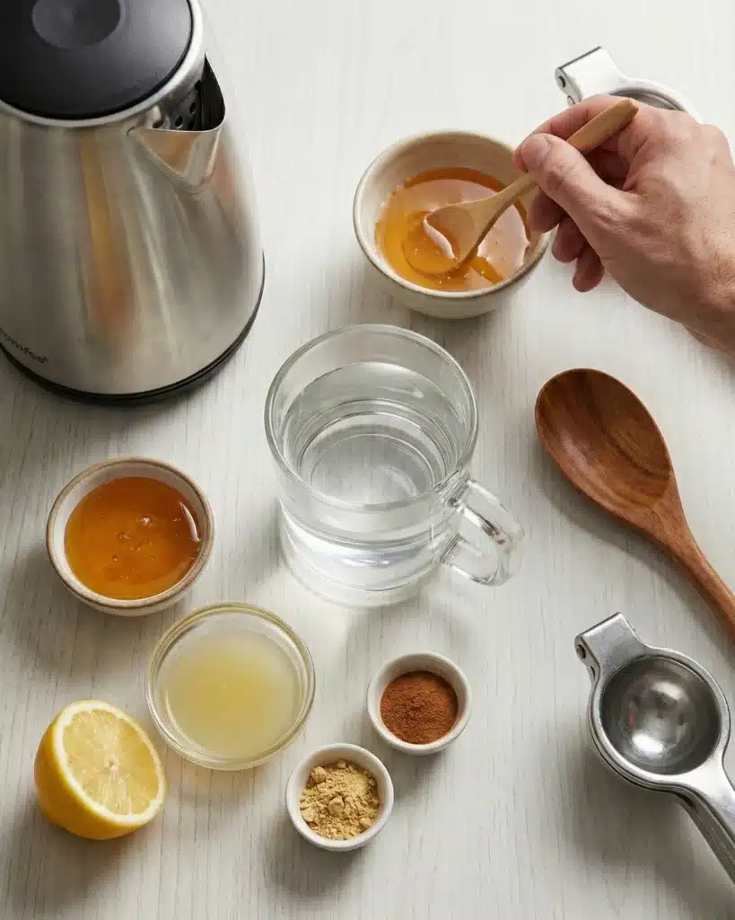 Ingredients for honey lemon drink including honey, lemon juice, cinnamon, and ginger arranged neatly on a white counter