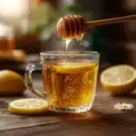 Honey lemon drink in clear glass cup with honey dipper and cinnamon sticks on wooden table