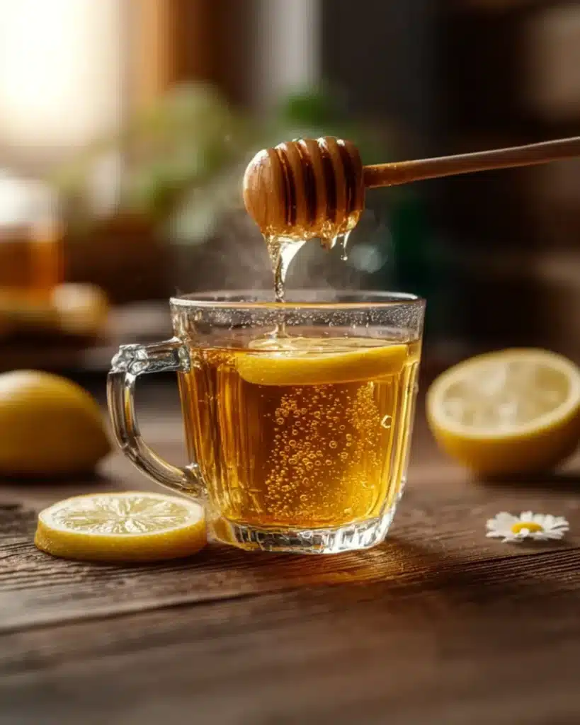 Honey lemon drink in clear glass cup with honey dipper and cinnamon sticks on wooden table