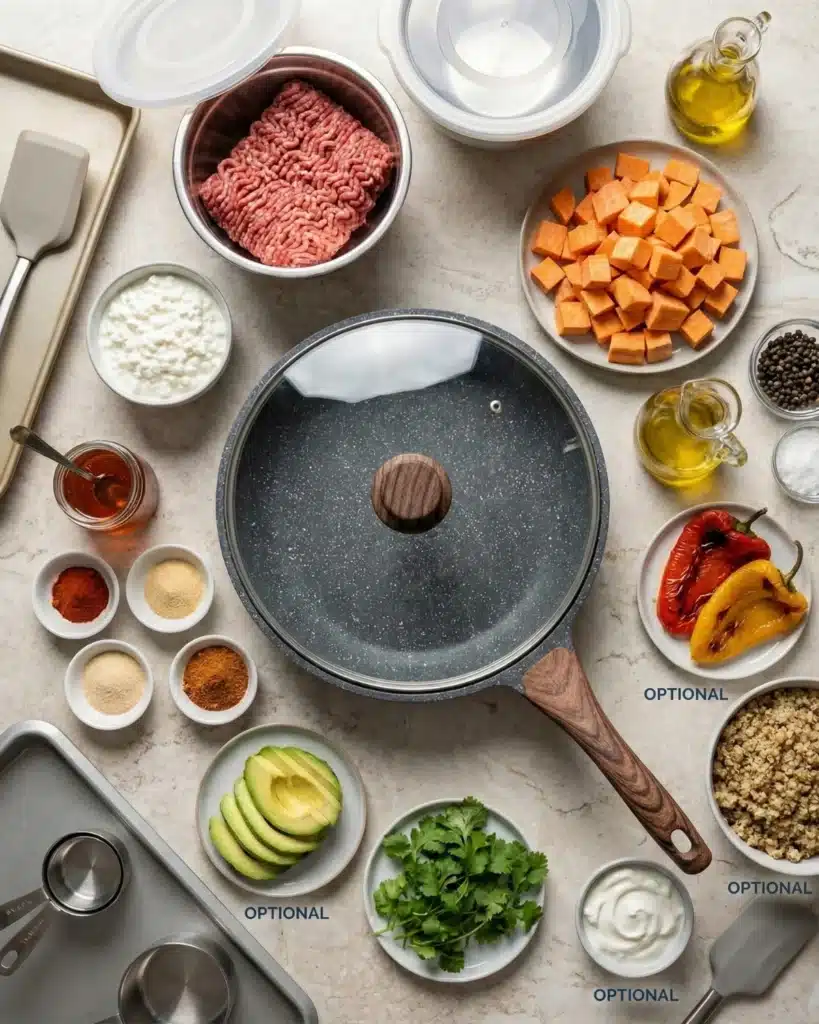 Flat lay of fresh ingredients for a hot honey beef bowl with cottage cheese, sweet potatoes, ground beef, and avocado.