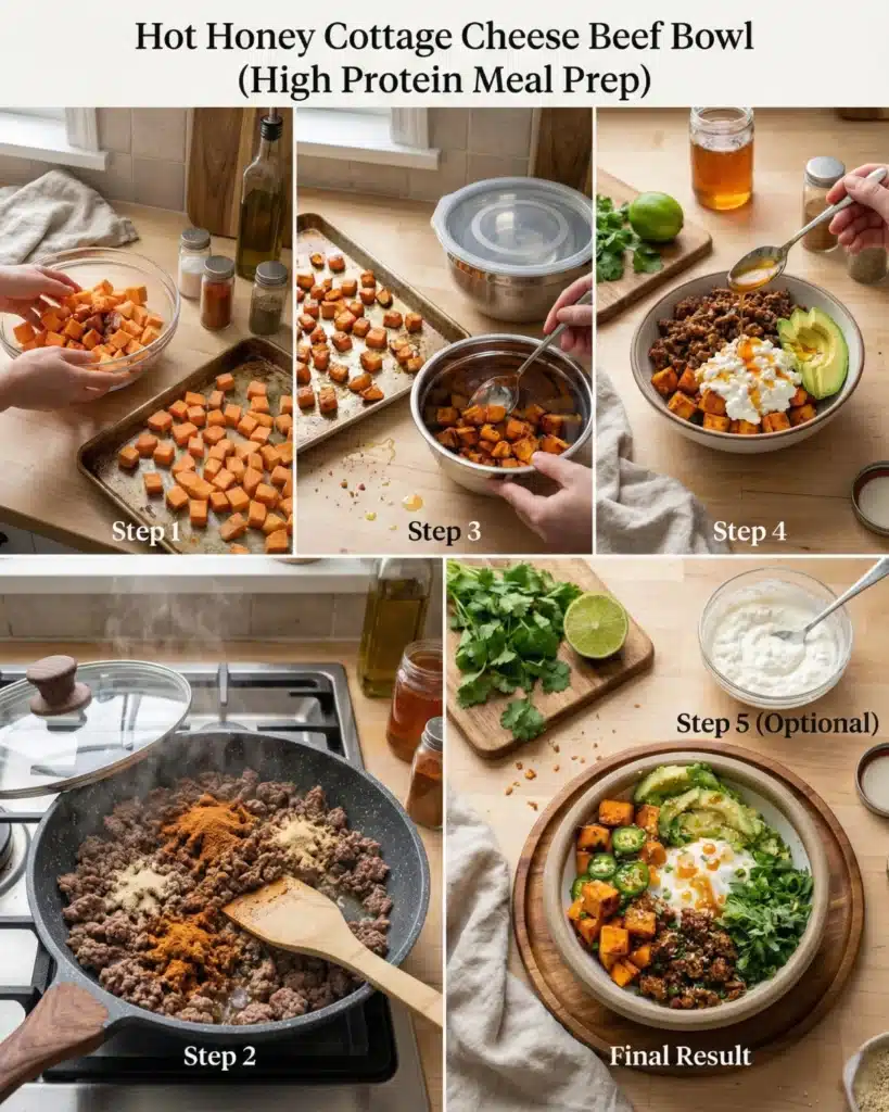 Step-by-step cooking process for a high protein hot honey cottage cheese beef bowl with sweet potatoes and avocado.