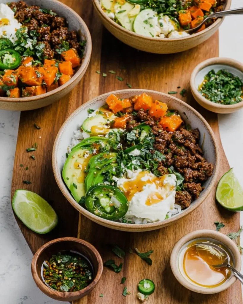 Hot Honey Beef Bowl with avocado, sweet potatoes, jalapeños, and cottage cheese drizzled with honey for a high-protein dinner option