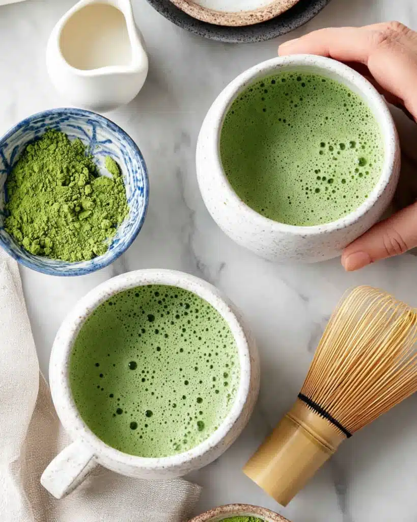 Two creamy cups of matcha latte with frothy green tops placed on ceramic saucers beside a small bowl of powdered tea
