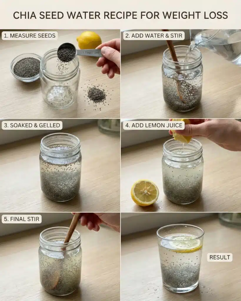 Step-by-step preparation of a healthy lemon chia drink in a glass jar with chia seeds, lemon juice, and water.